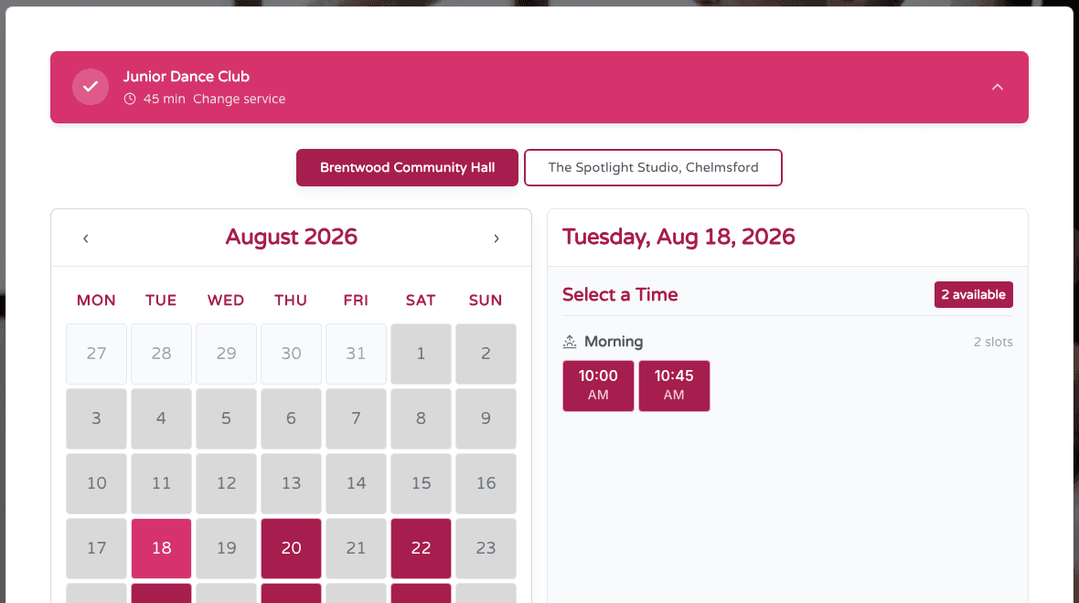 Bizzly's live booking calendar on a real kids activity provider site — a parent selects a class, chooses a location, and picks from real available time slots