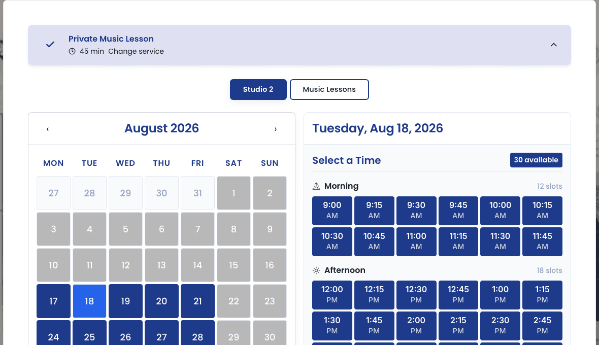 Real lesson booking calendar on a live Bizzly music school site — 15-minute time slots grouped by morning and afternoon with live availability counts