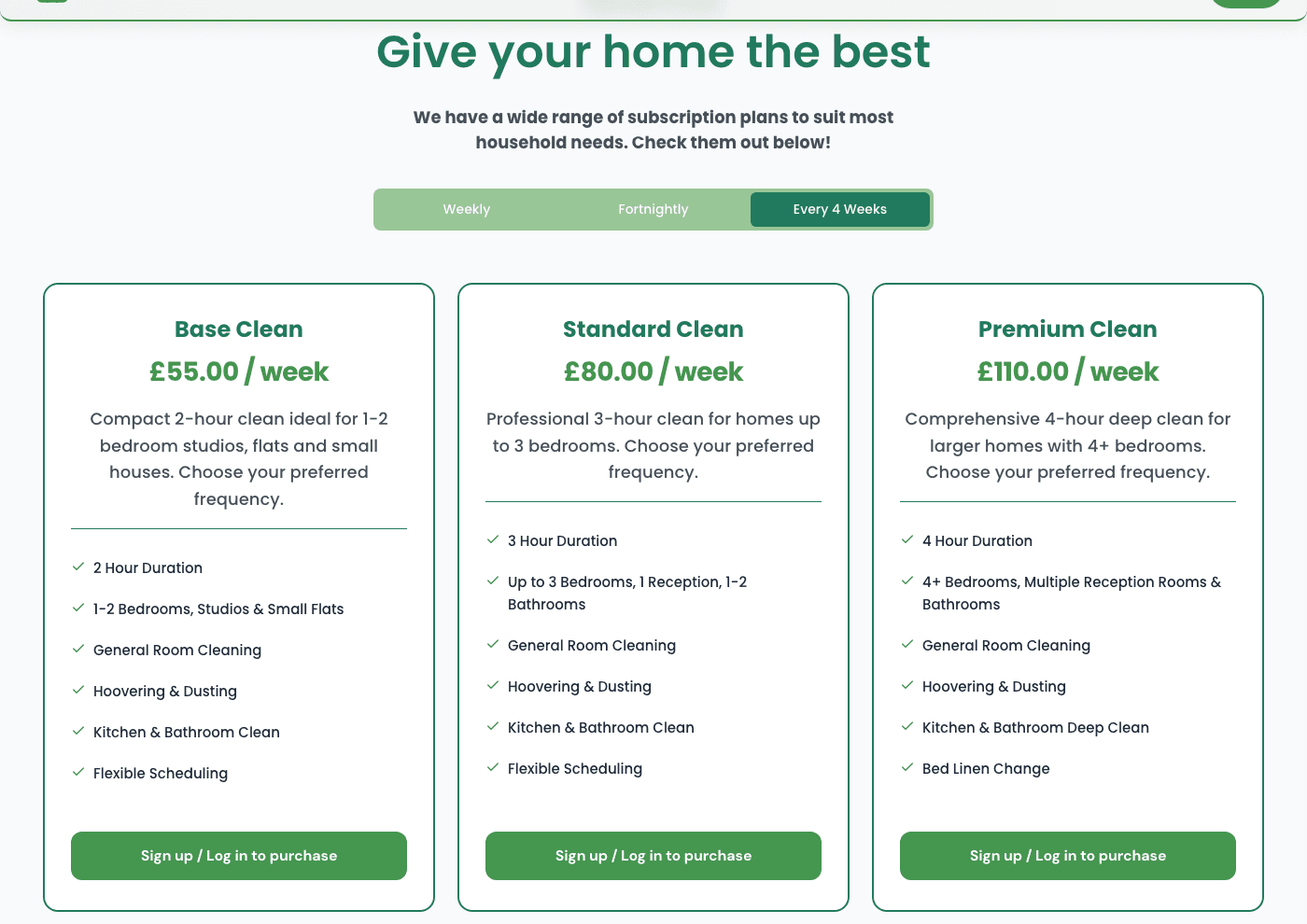 Real recurring cleaning subscription plans on a live Bizzly site — Base, Standard, and Premium Clean tiers with weekly, fortnightly, and every-4-weeks frequency options and real pricing