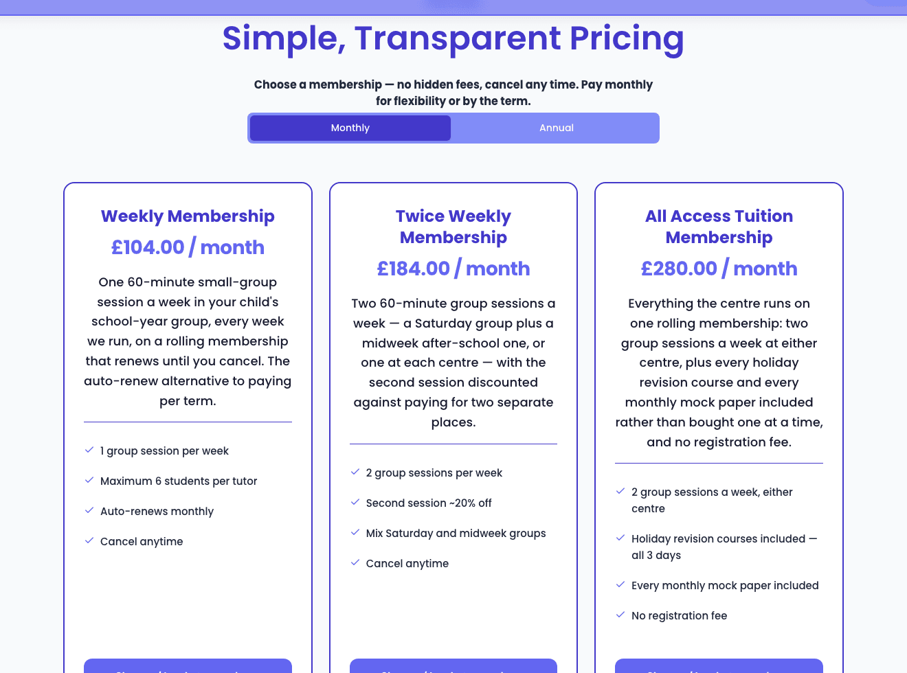 Real term subscription pricing on a live Bizzly tutoring site — Weekly, Twice Weekly, and All Access memberships with monthly pricing and a monthly/annual toggle