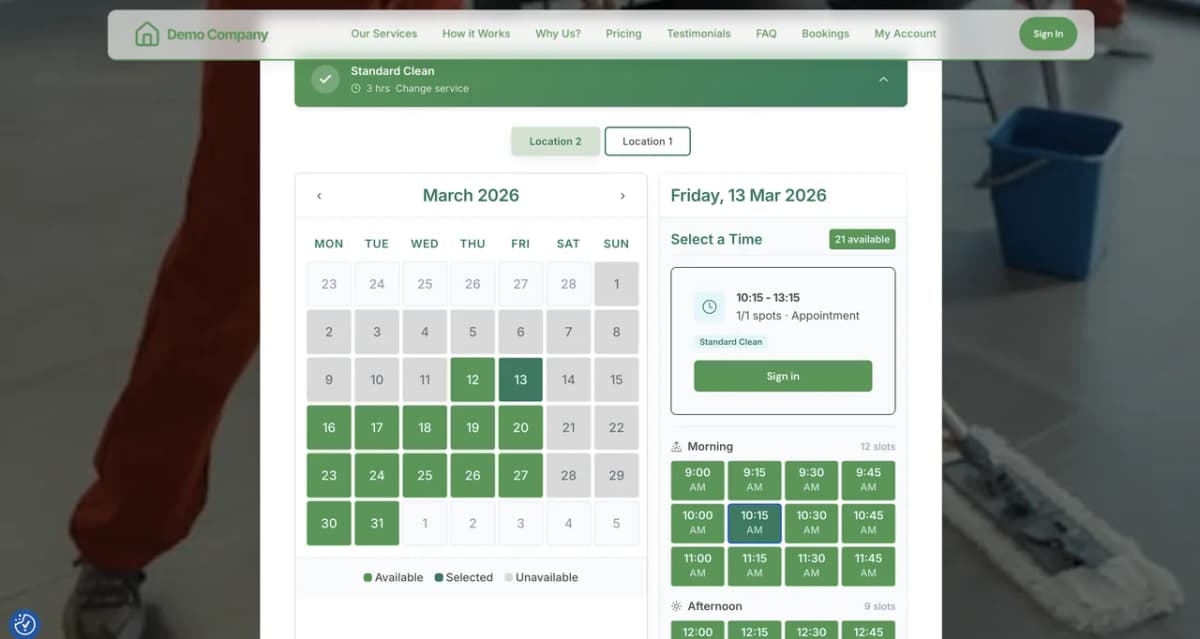 Bizzly cleaning business online booking calendar showing available slots for recurring cleans
