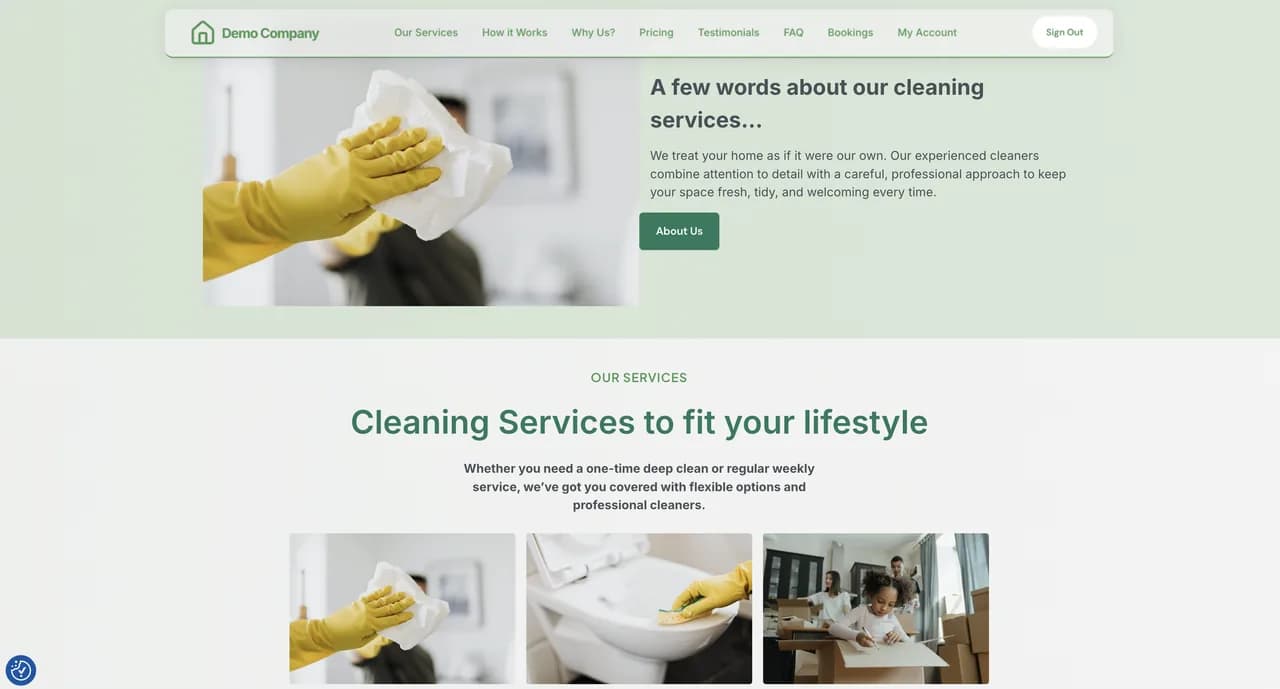 Bizzly cleaning business demo homepage showing subscription plans and booking