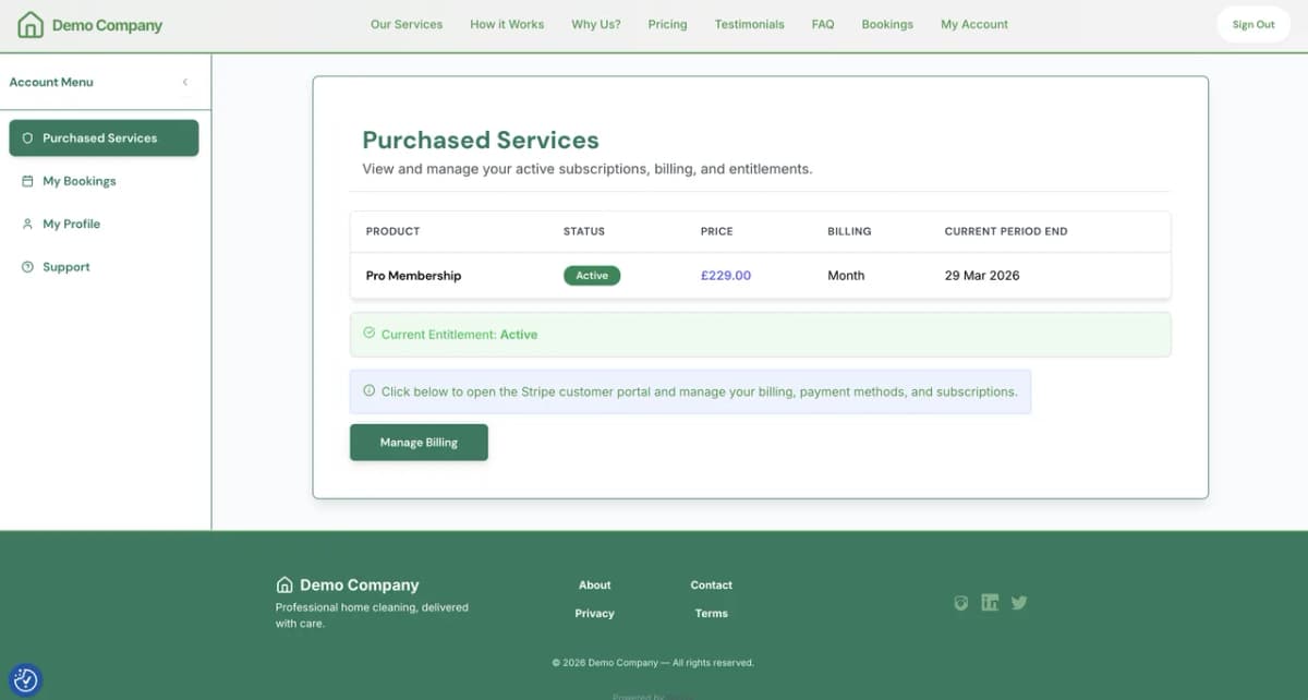 Bizzly customer portal showing active cleaning subscription, Stripe payment status, and upcoming cleans