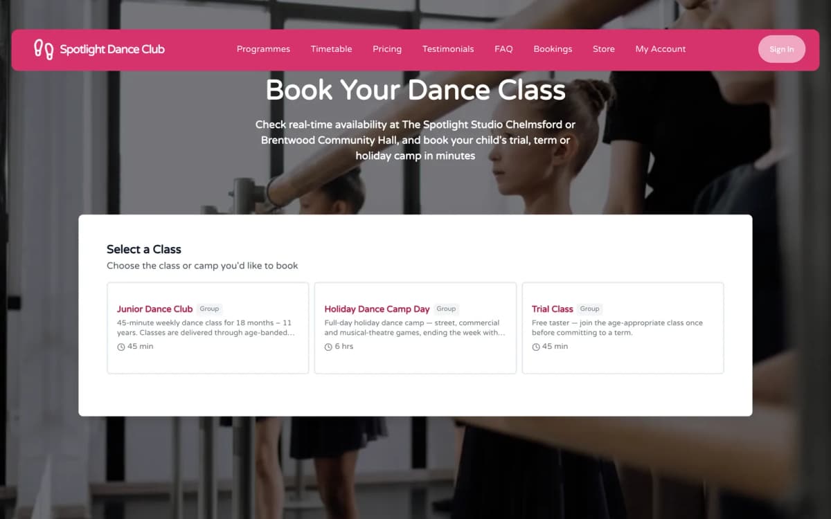 Children's dance club online booking page showing bookable services — termly classes, holiday camps and free trials