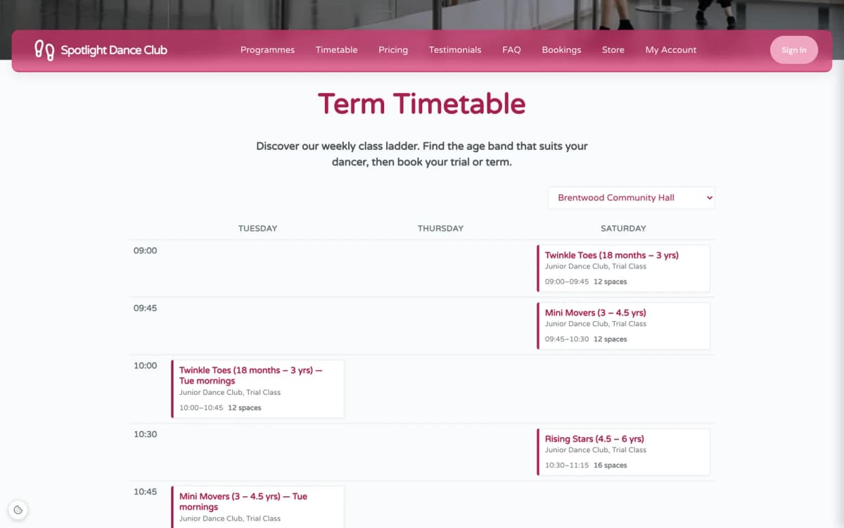 Children's dance club term timetable showing age-banded classes by day with times and remaining spaces