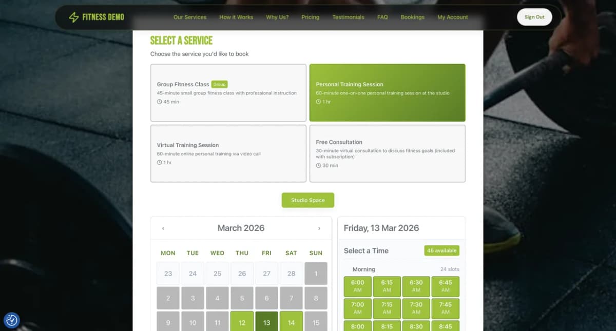 Bizzly group class booking calendar for personal trainers and fitness studios with live availability