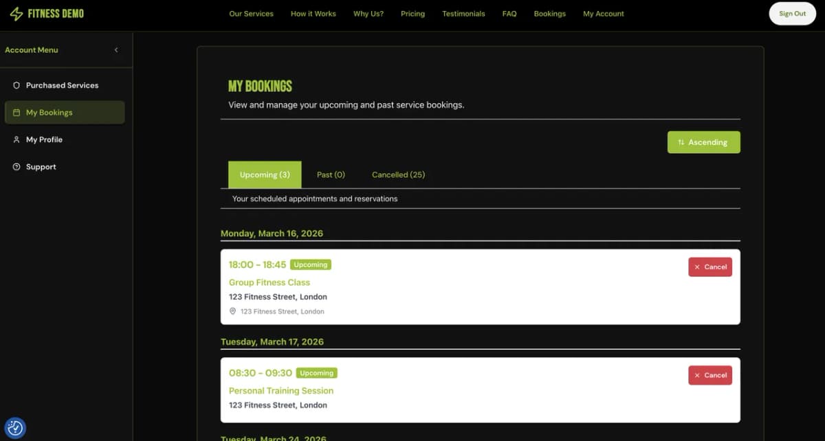 Bizzly client membership portal showing remaining session credits, upcoming PT bookings, and subscription status