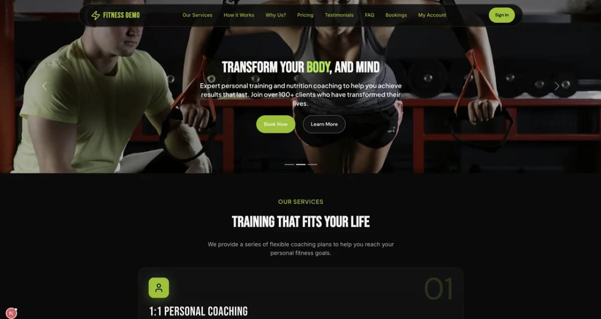Bizzly fitness business demo homepage showing PT session packs, class memberships, and online booking