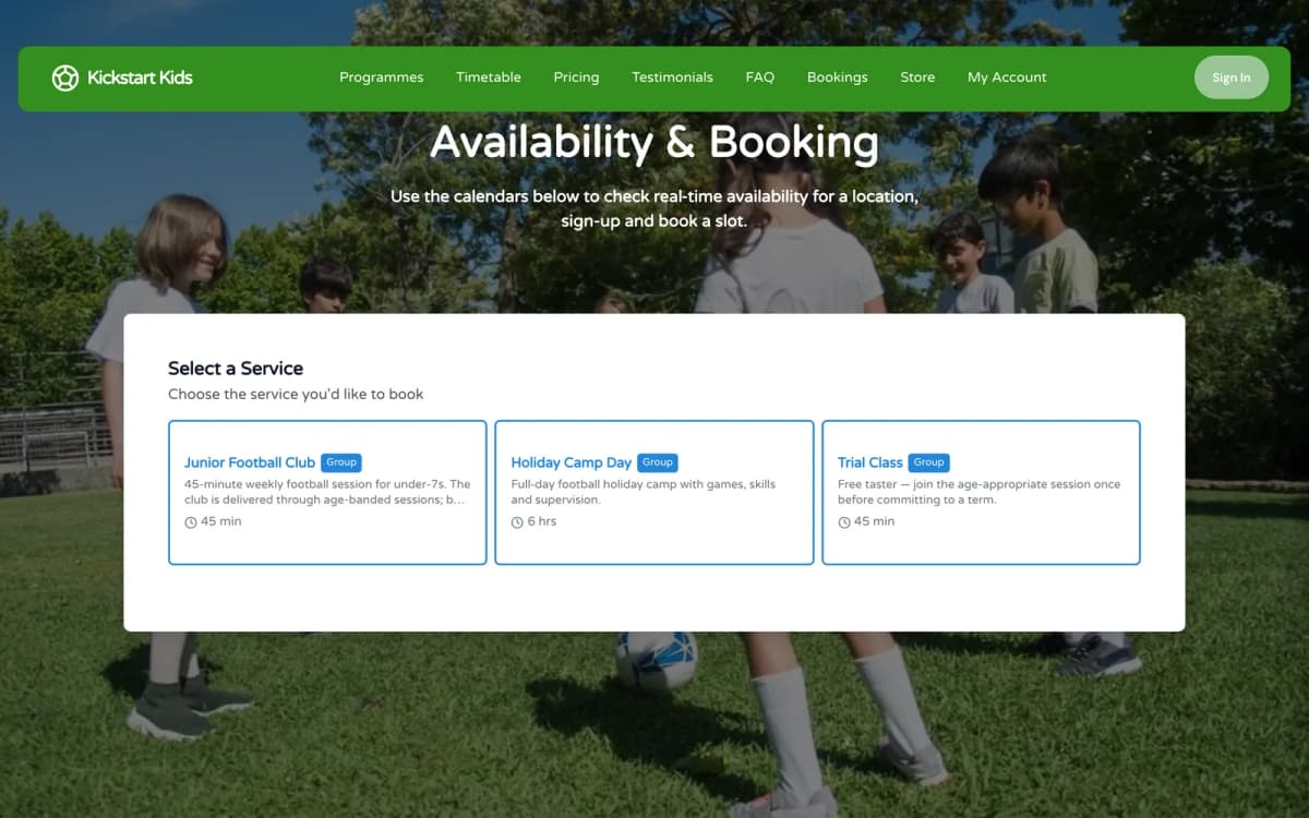 Junior football club online booking page showing bookable services — weekly sessions, holiday camps and free trials