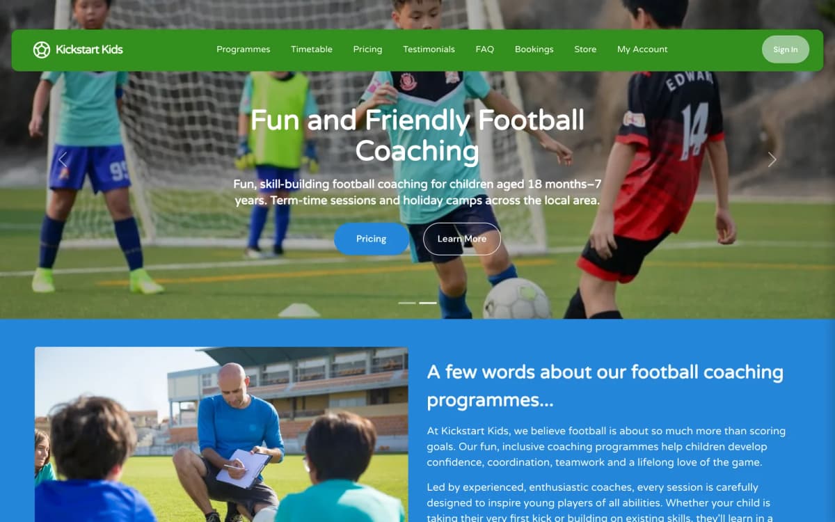 Bizzly junior football club demo homepage showing term session plans and a book-a-trial call-to-action