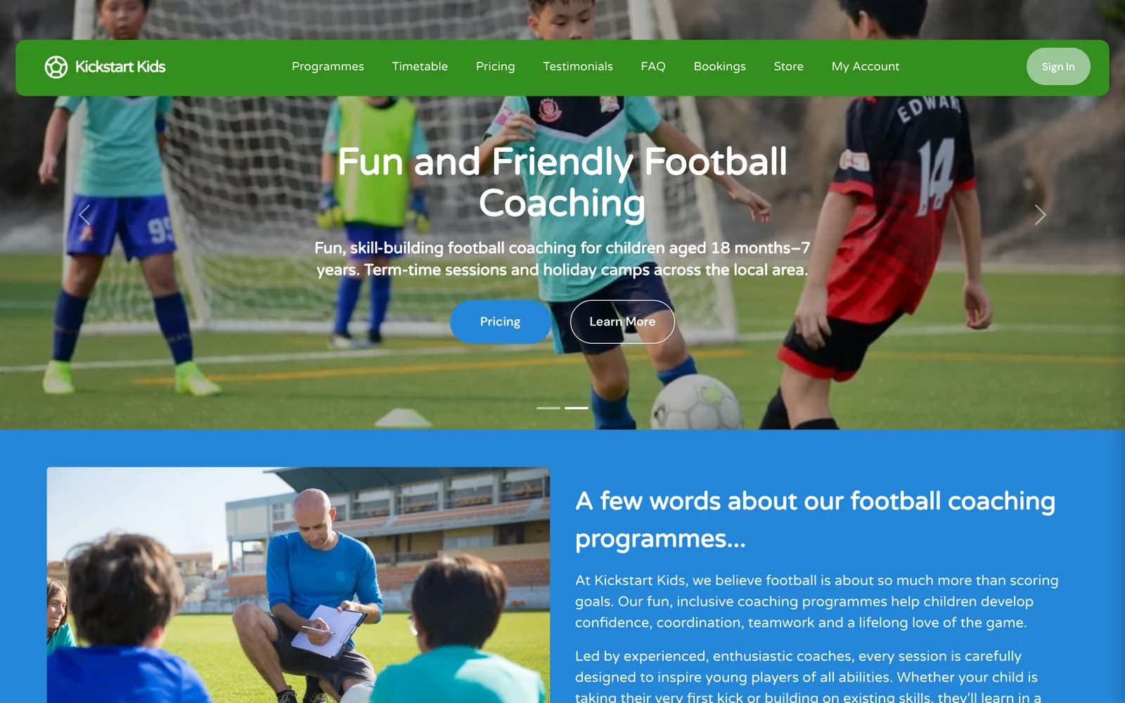 Football Kids Club demo site built on Bizzly