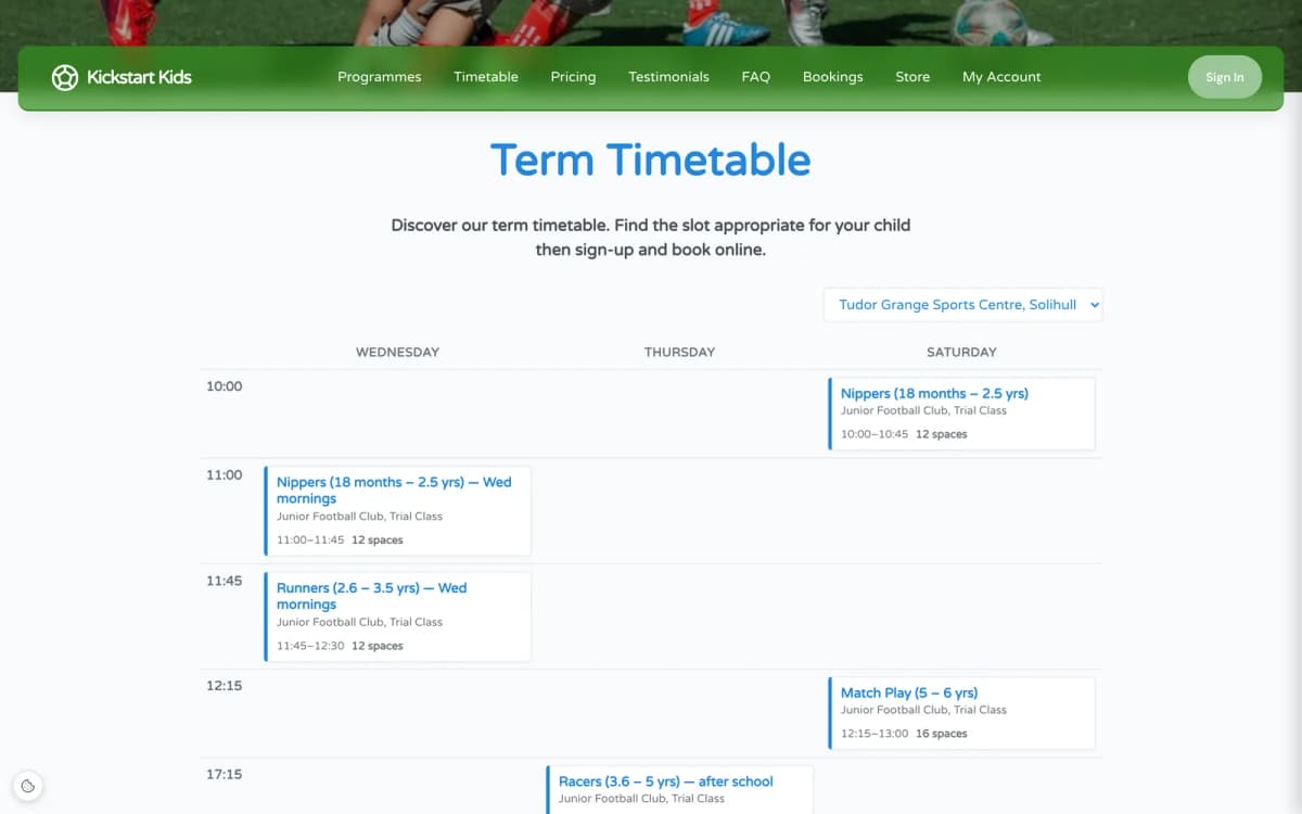 Junior football club term timetable showing age-group sessions by day with times and remaining spaces