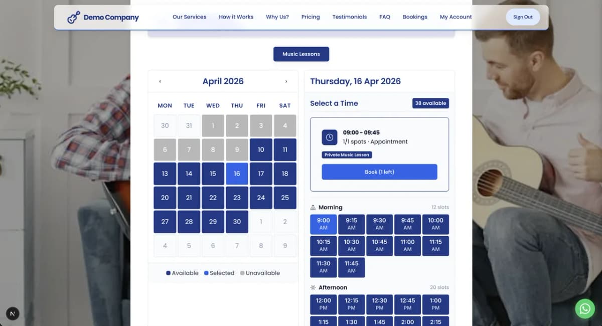 Bizzly music lessons booking calendar showing available lesson slots