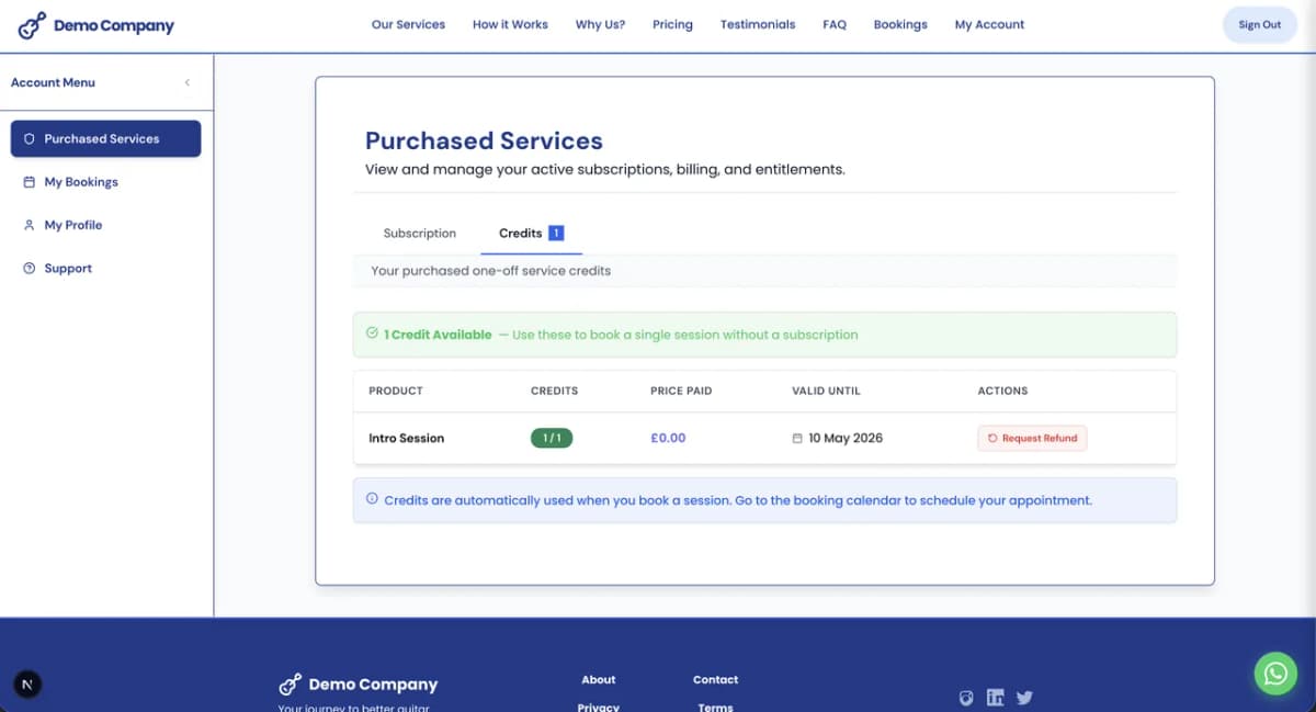 Bizzly music lessons student portal showing session credits and upcoming bookings