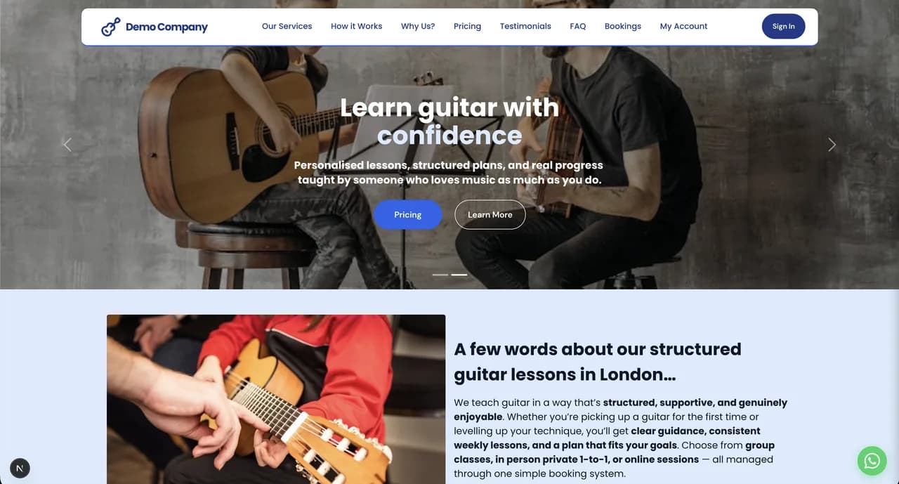 Bizzly music lessons demo homepage
