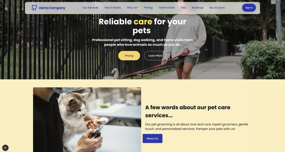 Bizzly pet care business demo homepage showing subscription packages, dog walking services, and booking call-to-action