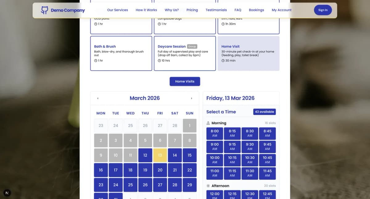Online booking calendar for pet care appointments with available time slots and service selection