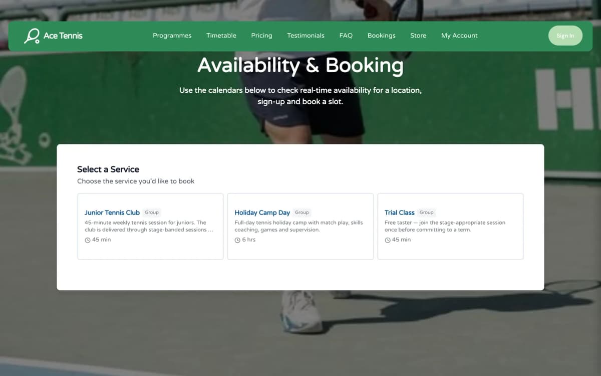 Junior tennis club online booking page showing bookable services — weekly sessions, holiday camp days and free trials