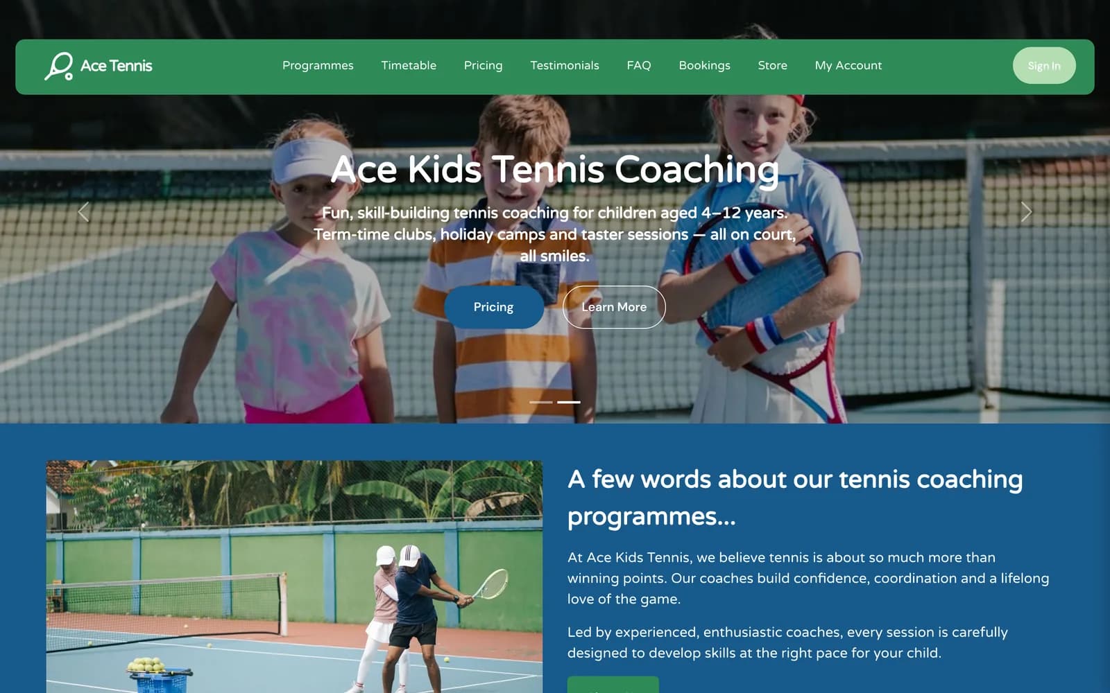 Tennis Kids Club demo site built on Bizzly