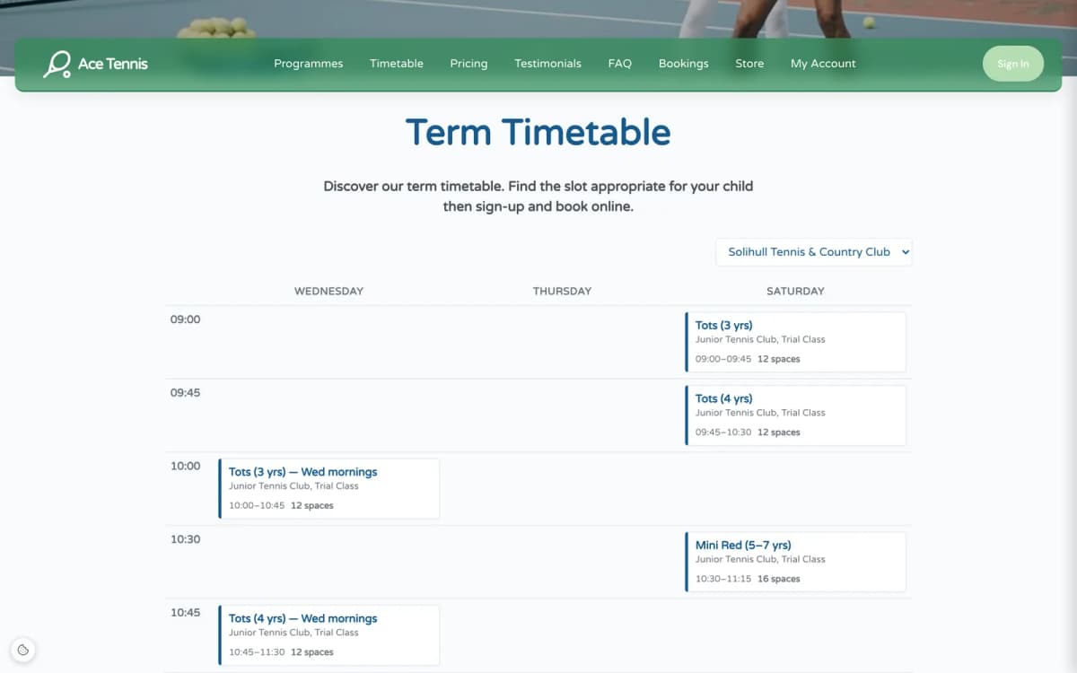 Junior tennis club term timetable showing Tots, Mini Red and Mini Orange stage groups by day with remaining spaces