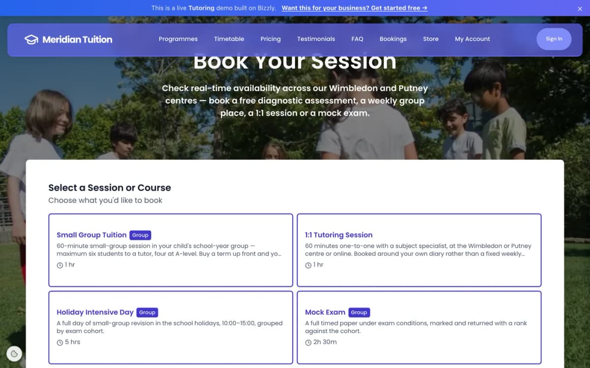 Tuition centre online booking page listing bookable services — small group tuition, 1:1 sessions, holiday intensive days and mock exams