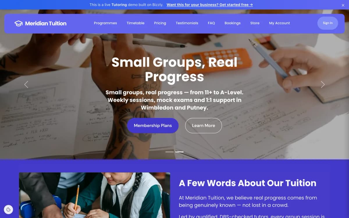 Bizzly tuition centre demo homepage showing small-group tuition from 11+ to A-level with a book-a-free-assessment call to action