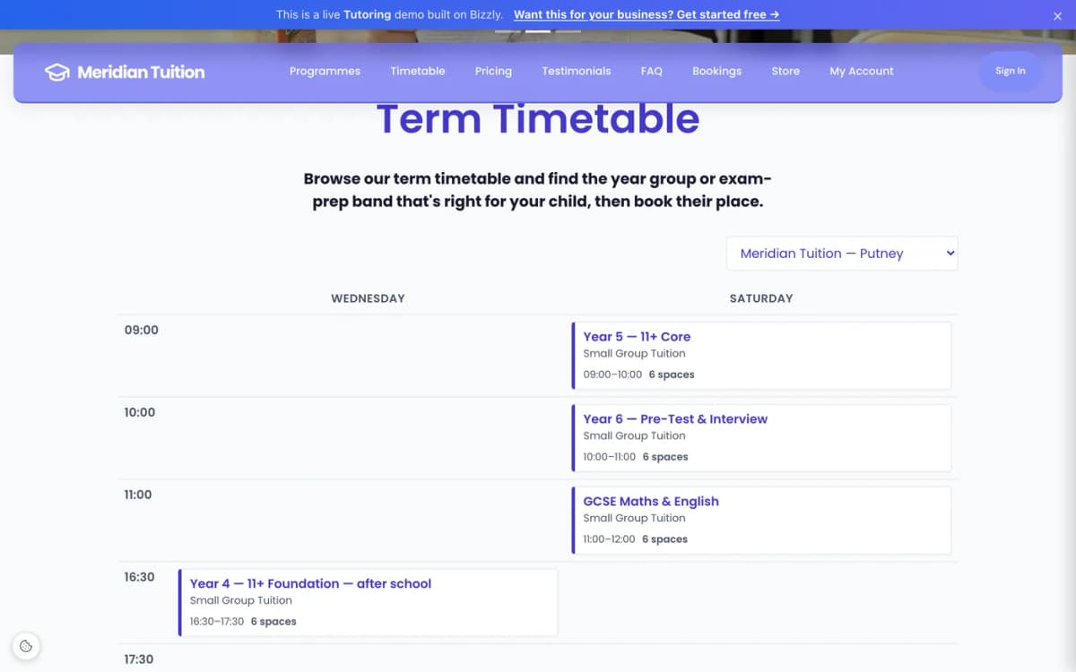 Tuition centre term timetable showing school-year bands by day with times and remaining spaces, per centre