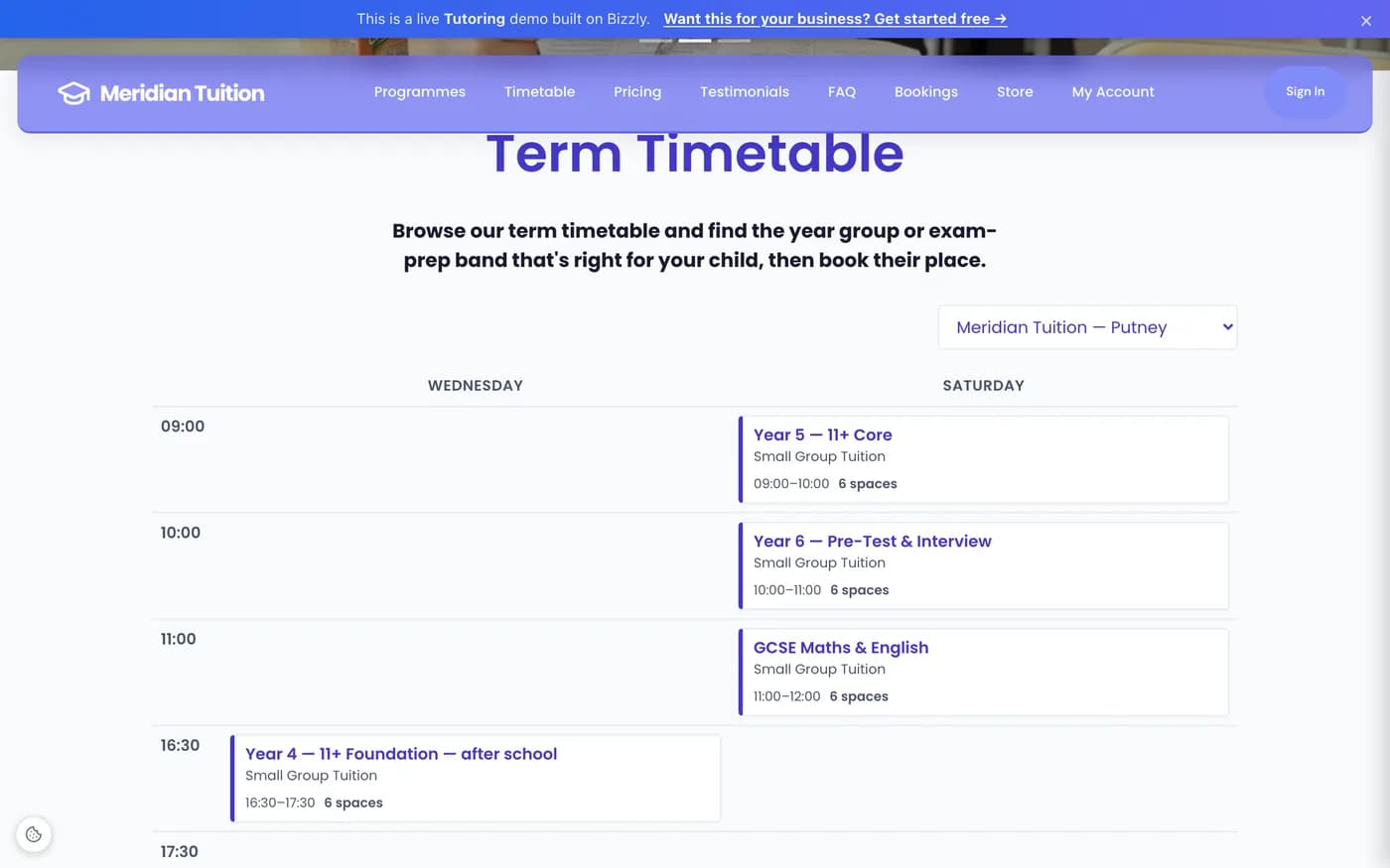 Bizzly tuition centre demo term timetable showing school-year bands by day with times and remaining spaces
